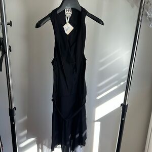 Haute Hippie black silk dress with tie belt sleeveseless elastic waist nwt